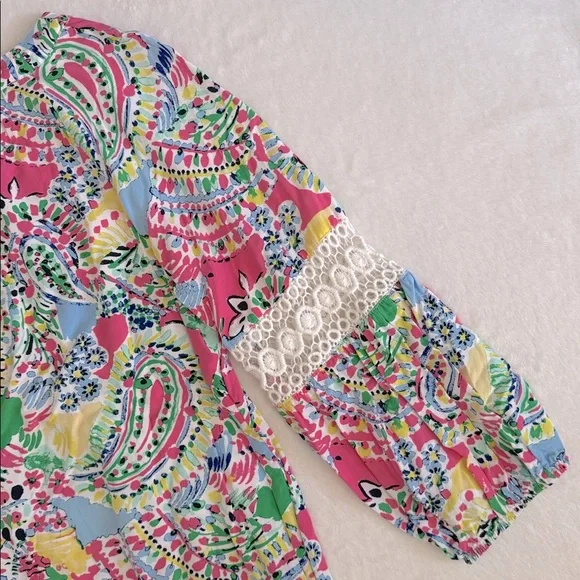 Crown & Ivy | Multicolor Crochet Lace Inset V-Neck Boho Peasant Blouse (M) - Picture 12 of 15